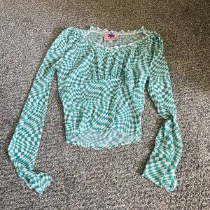 Lisa Says Gah Women's Green White Checkered Mesh Blouse - Small